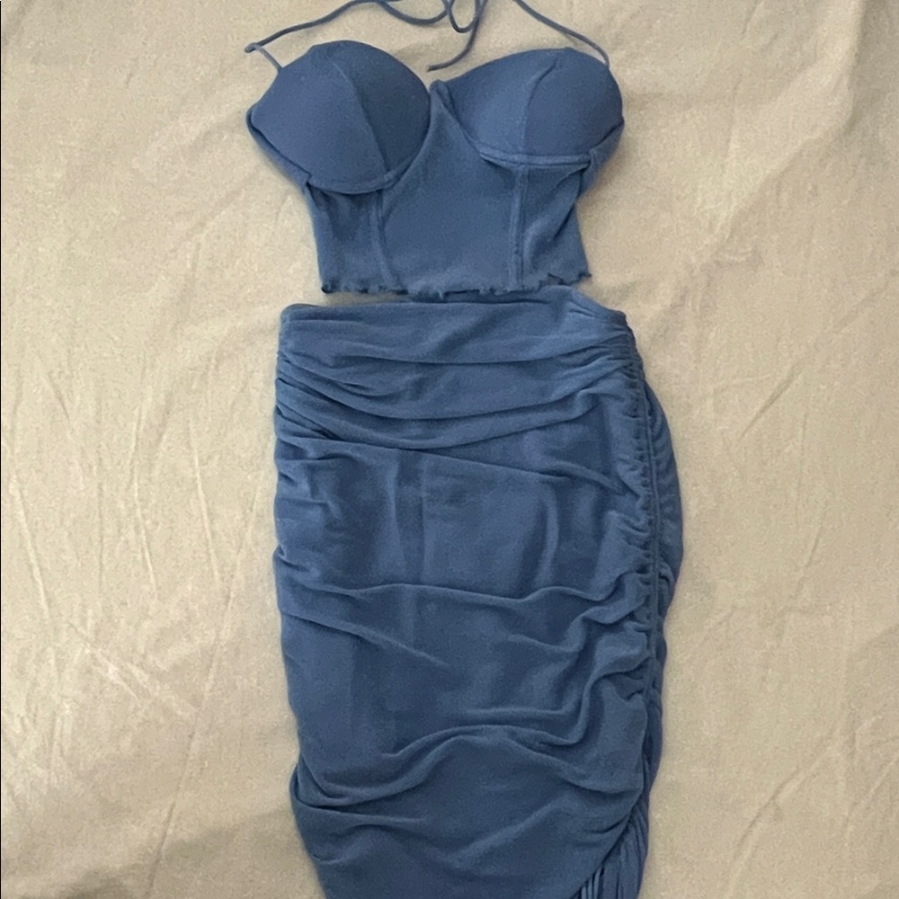 Lettuce Trim Tie Backless Crop Halter Top & Drawstring Side Bodycon Skirt - Picture 4 of 6